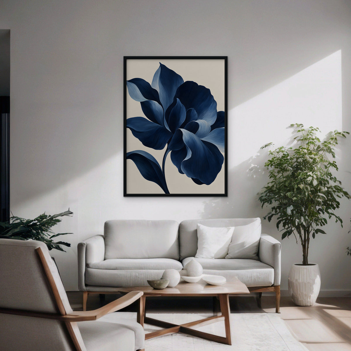 Navy Peony Canvas Art - Vertical – Black Floating Frame in room setting