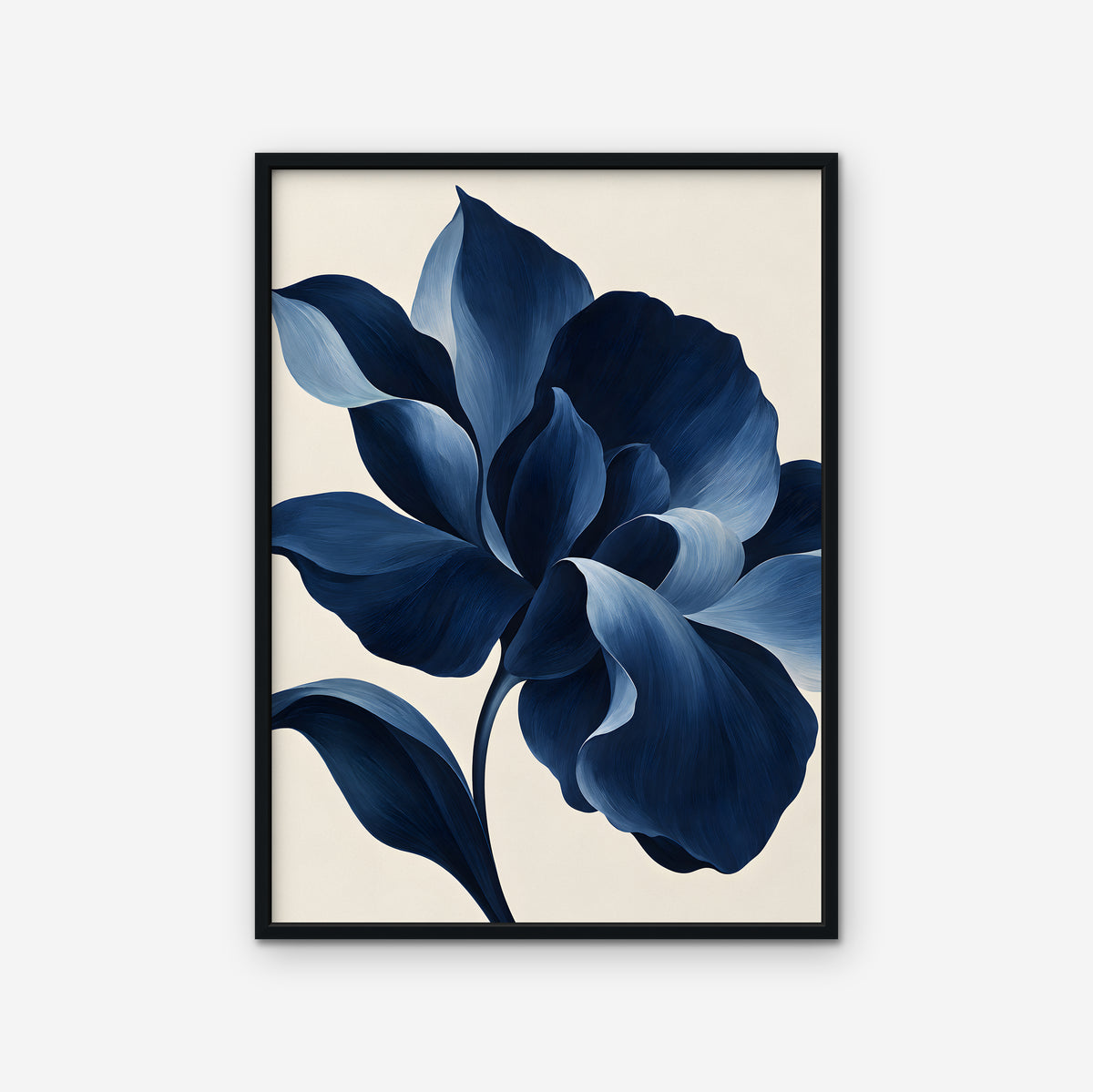 Navy Peony Canvas Art - Vertical – Black Floating Frame on white background
