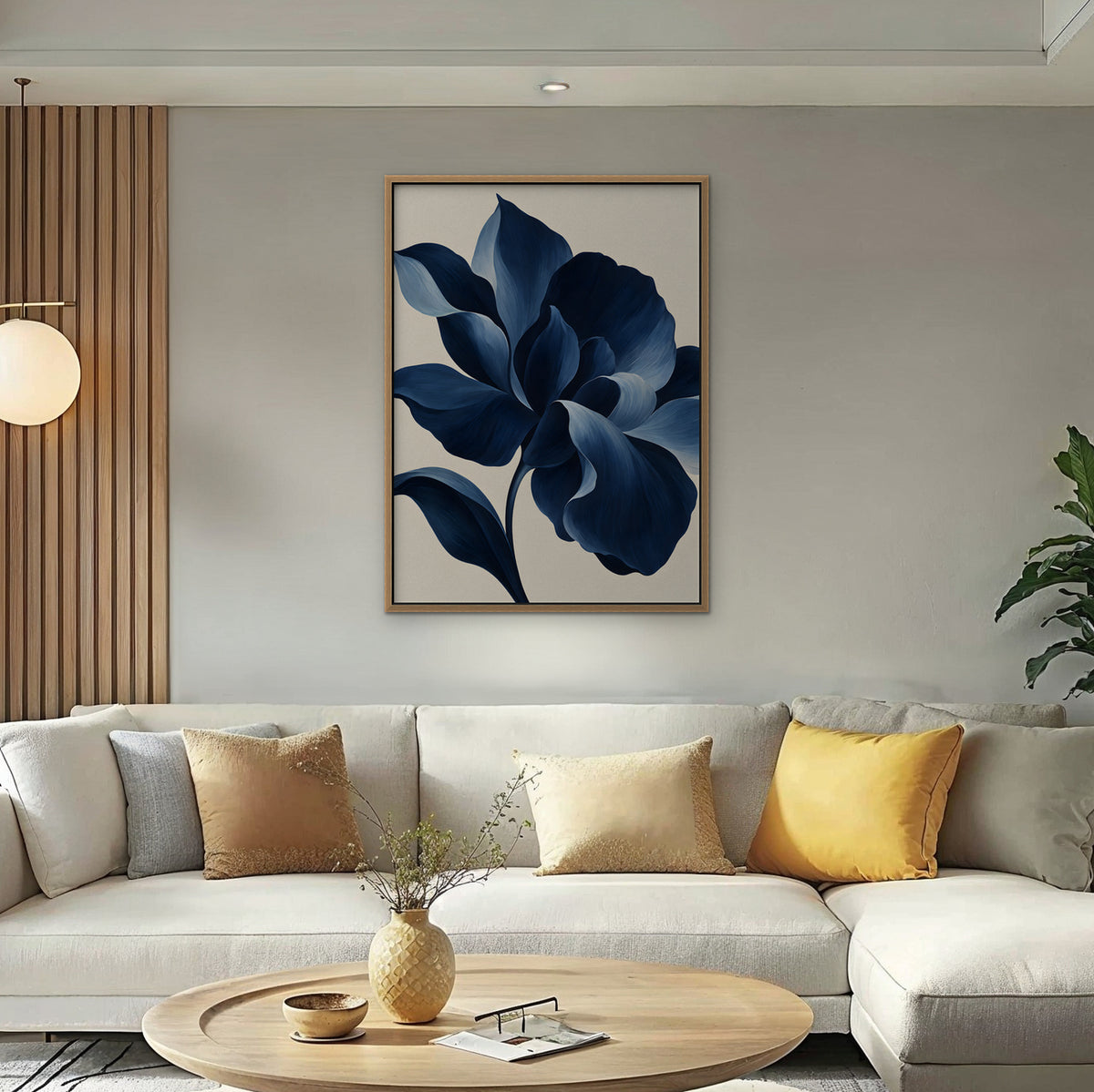 Navy Peony Canvas Art - Vertical – Oak Floating Frame in room setting