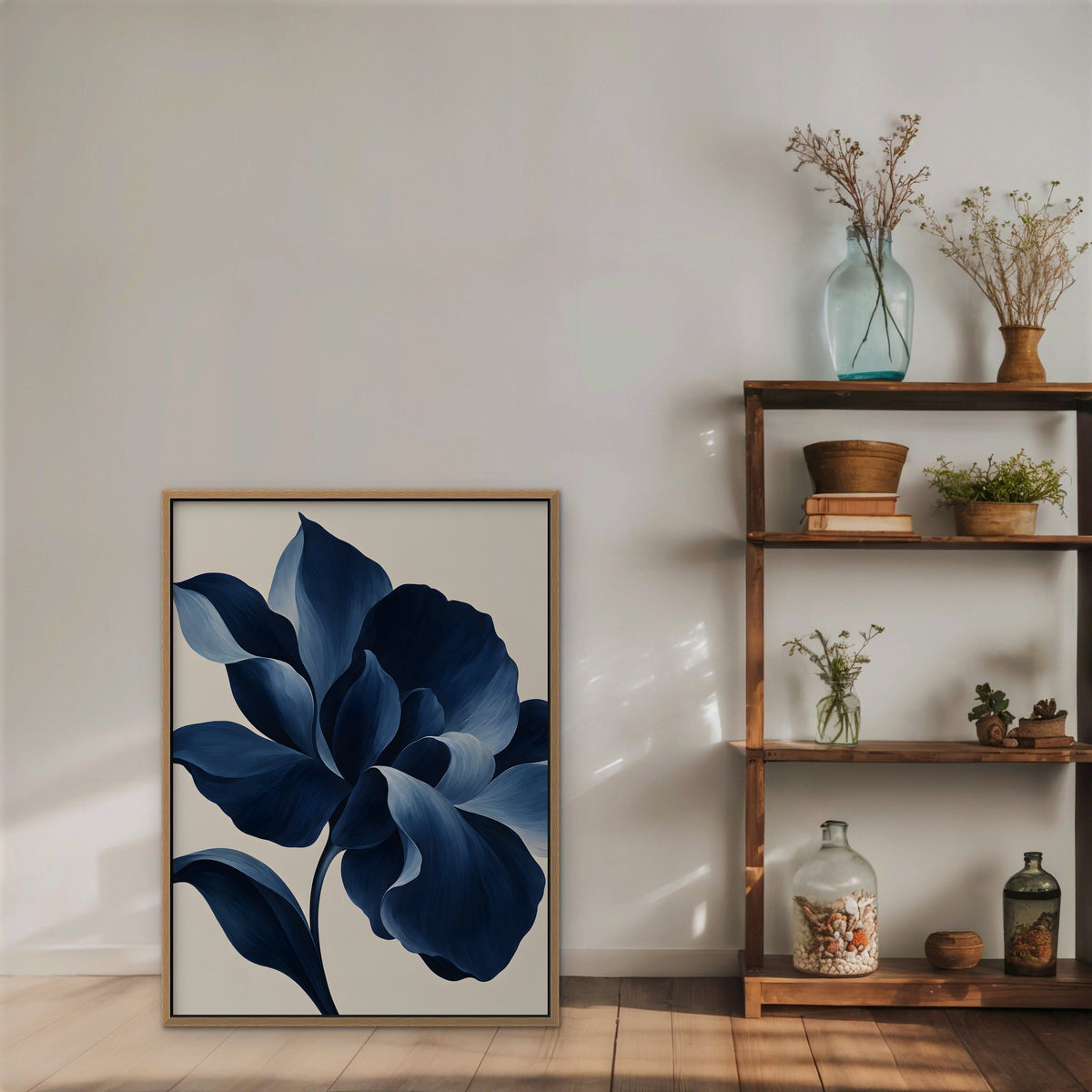 Navy Peony Canvas Art - Vertical – Oak Floating Frame in room setting