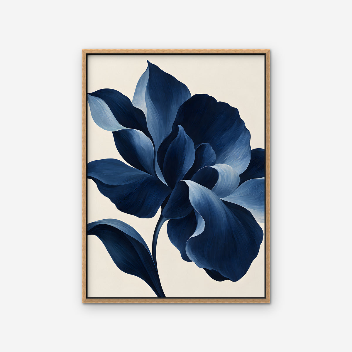 Navy Peony Canvas Art - Vertical – Oak Floating Frame on white background