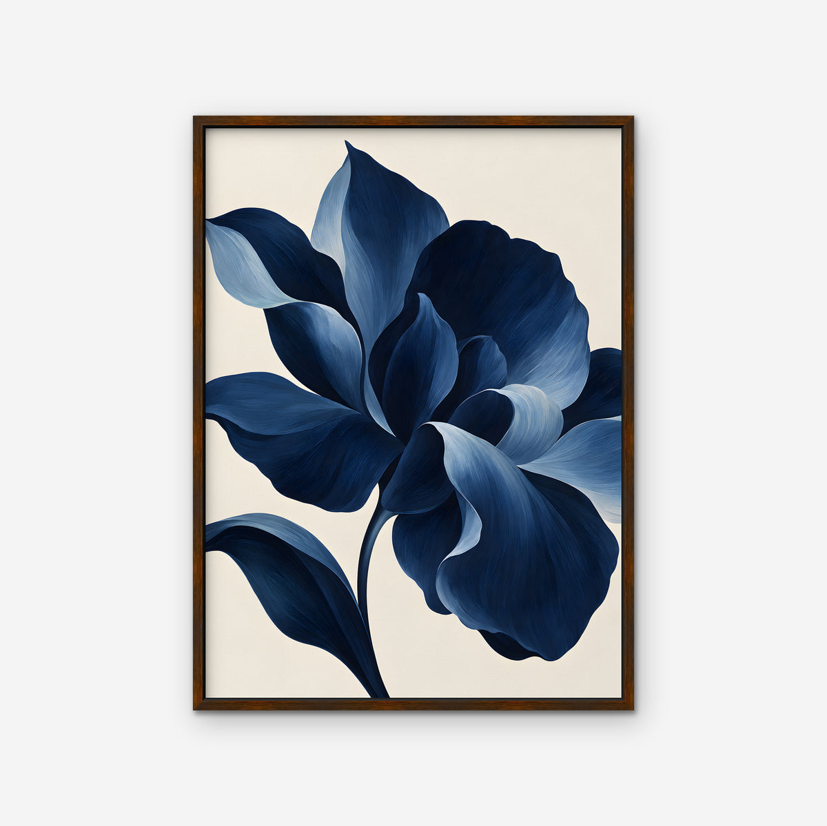 Navy Peony Canvas Art - Vertical – Walnut Floating Frame on white background