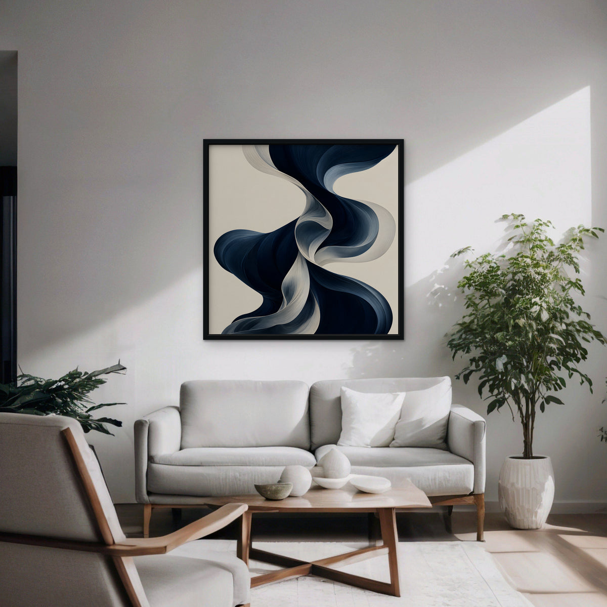 Navy Ribbon Waves Canvas Art - Square – Black Floating Frame in room setting