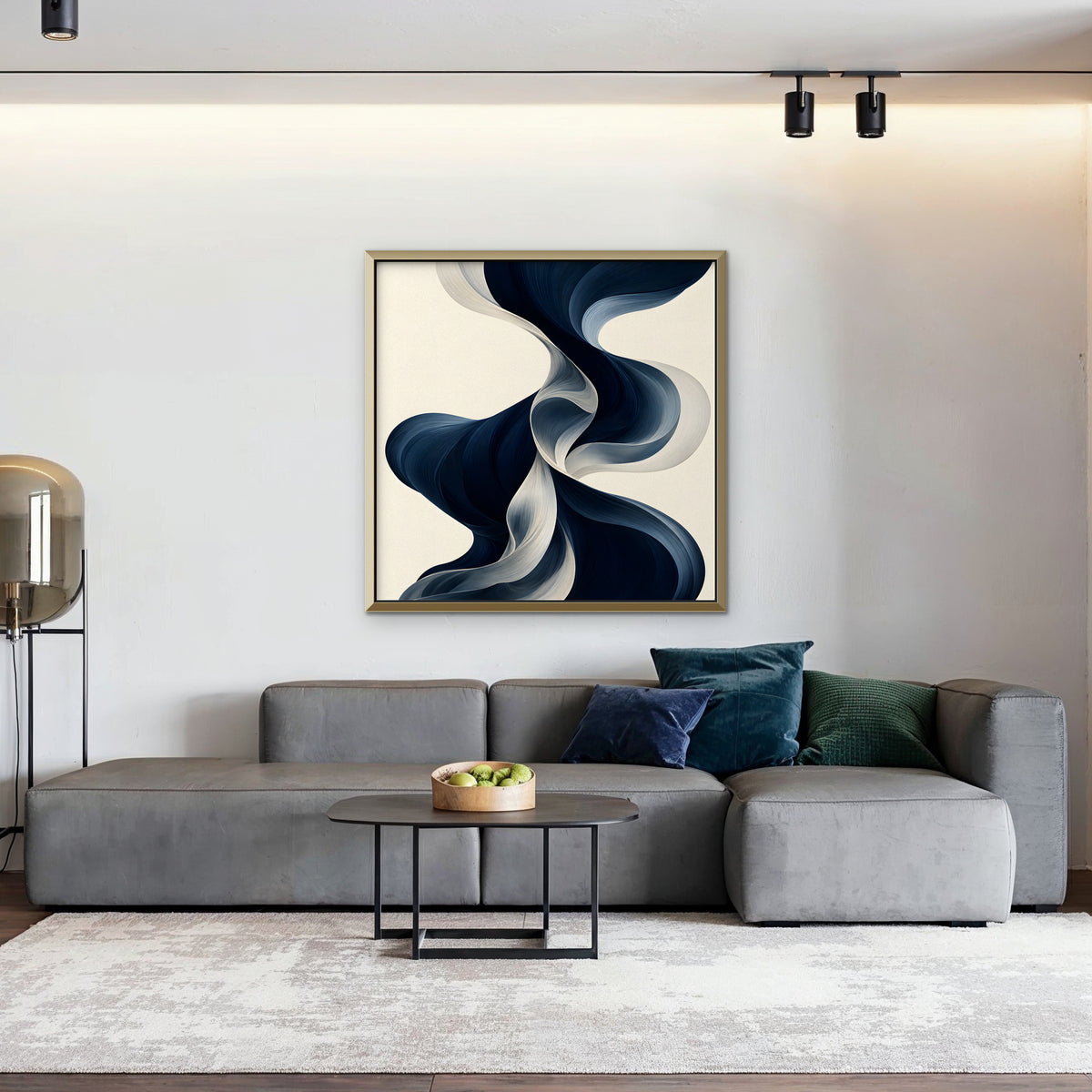 Navy Ribbon Waves Canvas Art - Square – Gold Floating Frame in room setting
