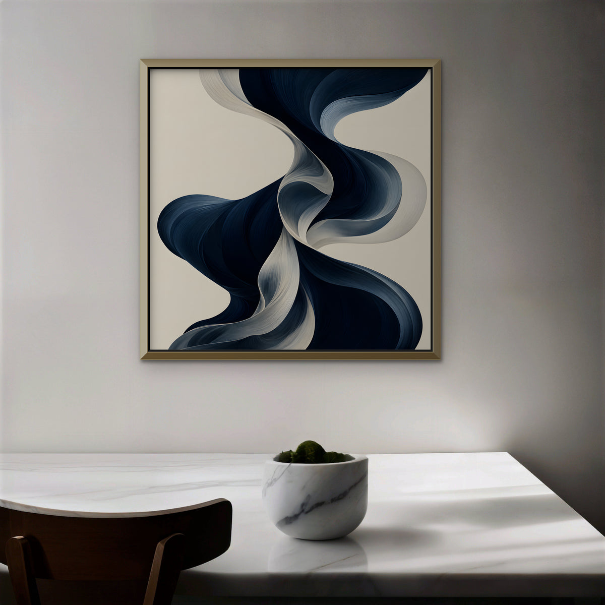 Navy Ribbon Waves Canvas Art - Square – Gold Floating Frame in room setting