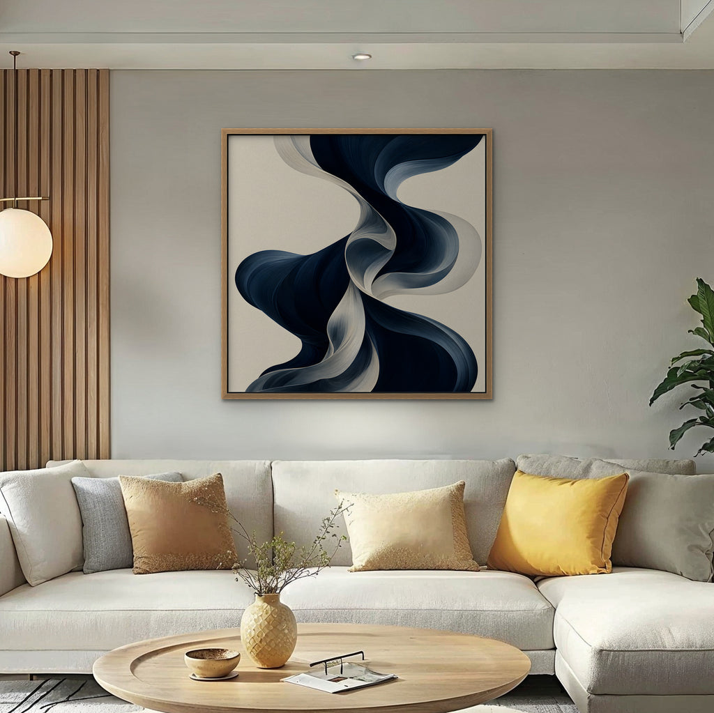 Navy Ribbon Waves Canvas Art - Square – Oak Floating Frame in room setting