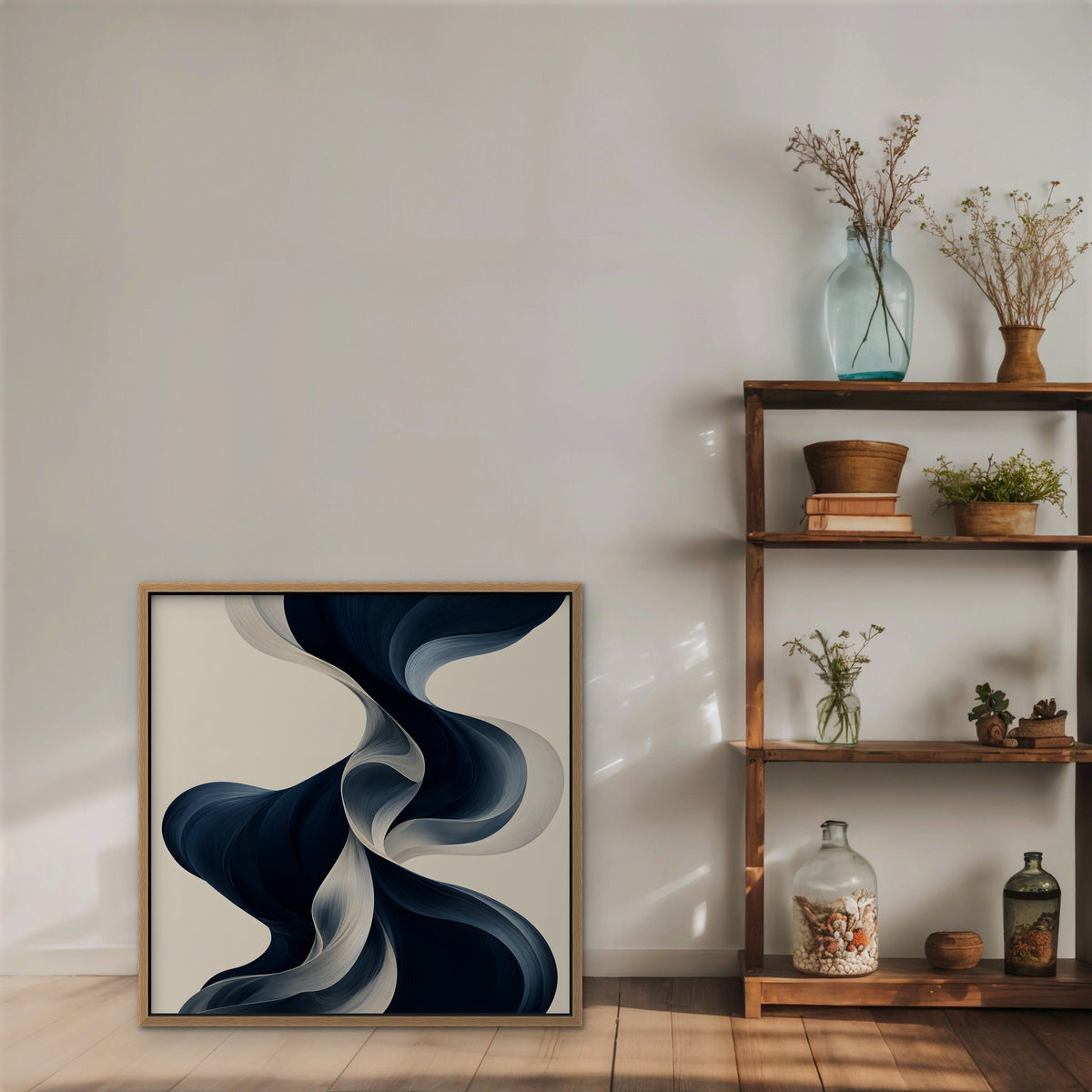 Navy Ribbon Waves Canvas Art - Square – Oak Floating Frame in room setting