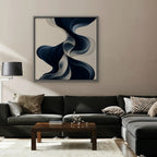 Navy Ribbon Waves Canvas Art - Square – Silver Floating Frame in room setting