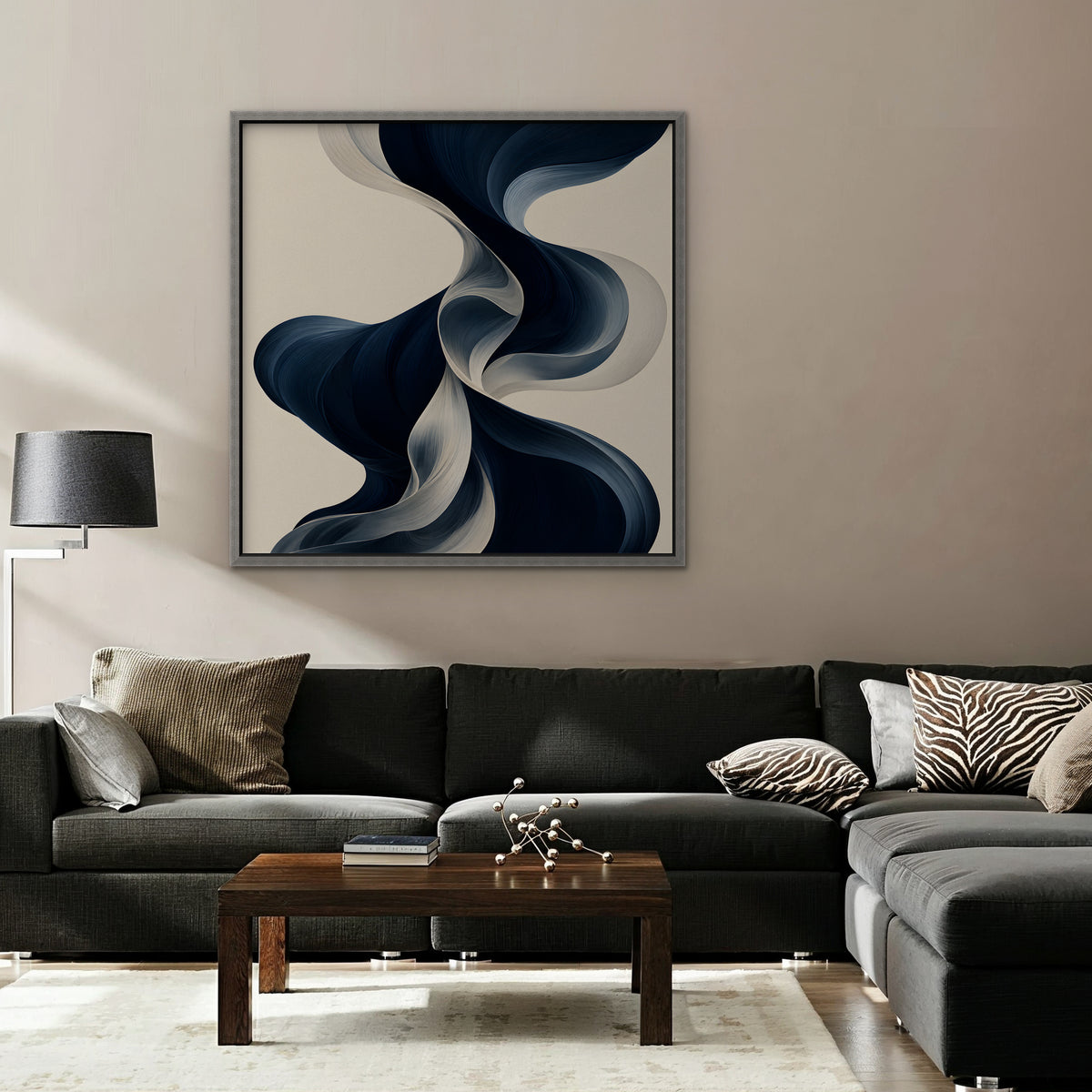 Navy Ribbon Waves Canvas Art - Square – Silver Floating Frame in room setting