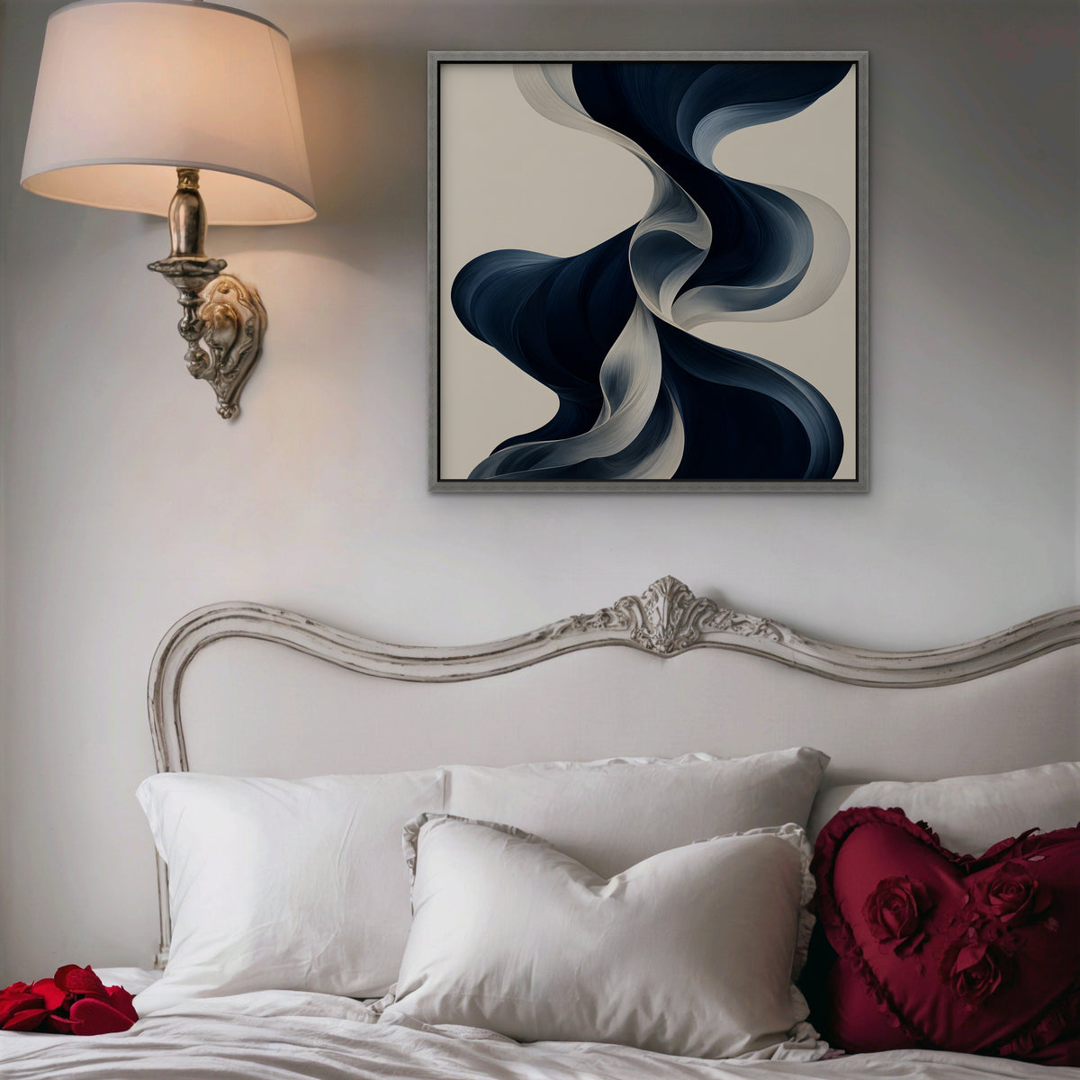 Navy Ribbon Waves Canvas Art - Square – Silver Floating Frame in room setting