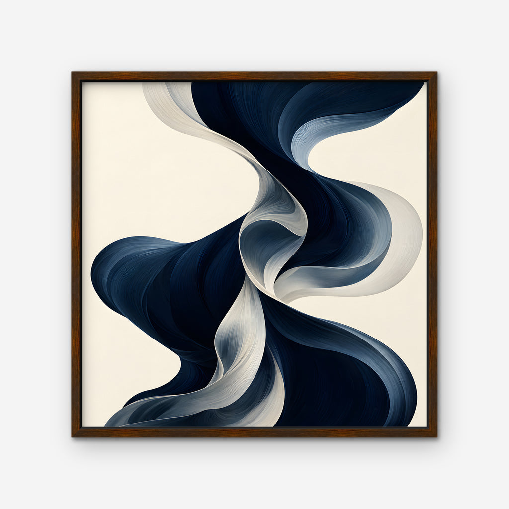 Navy Ribbon Waves Canvas Art - Square – Walnut Floating Frame on white background
