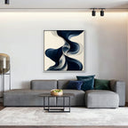 Navy Ribbon Waves Canvas Art - Square – White Floating Frame in room setting
