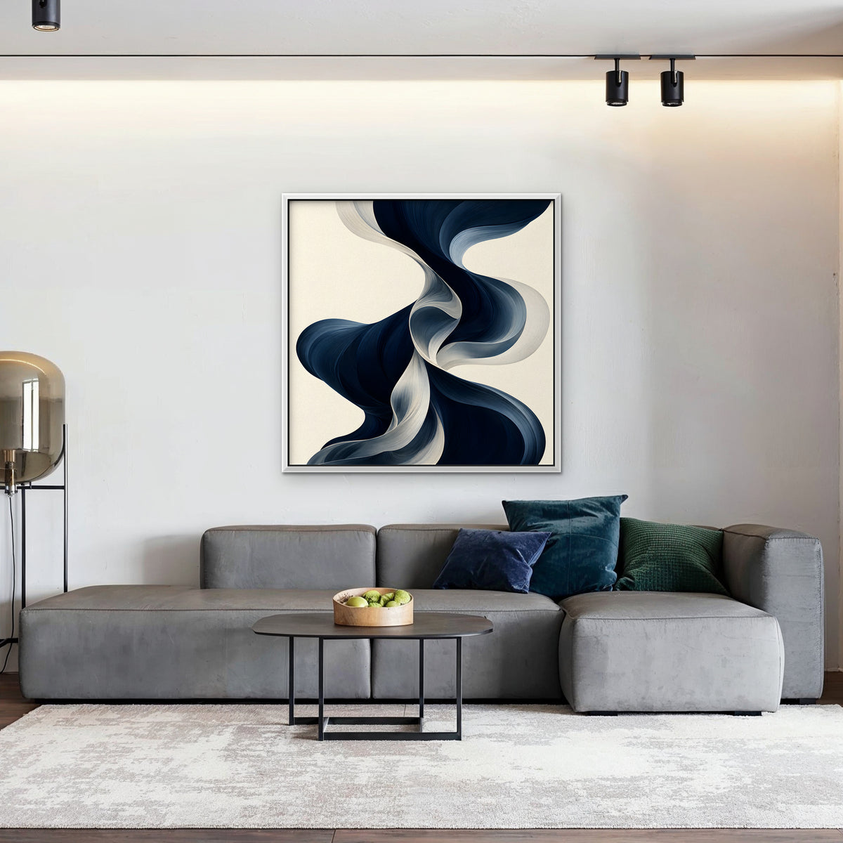Navy Ribbon Waves Canvas Art - Square – White Floating Frame in room setting