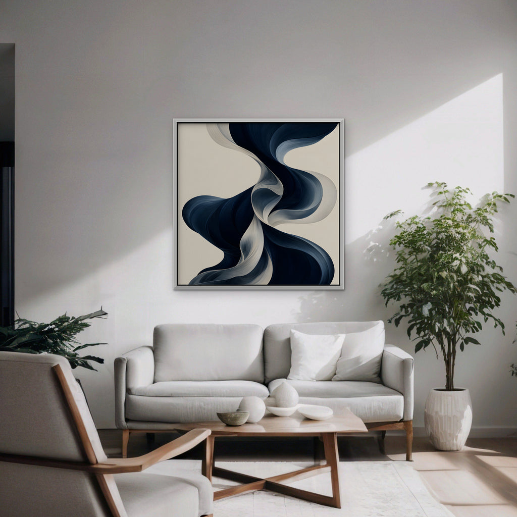 Navy Ribbon Waves Canvas Art - Square – White Floating Frame in room setting