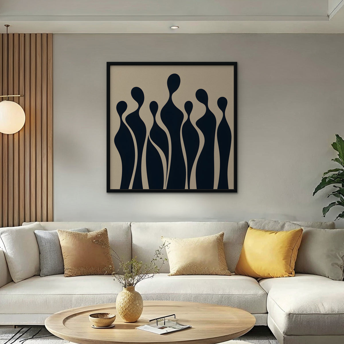 Navy Silhouettes Canvas Art - Square – Black Floating Frame in room setting
