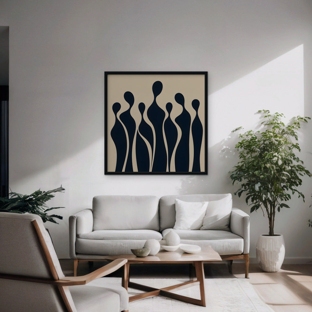 Navy Silhouettes Canvas Art - Square – Black Floating Frame in room setting