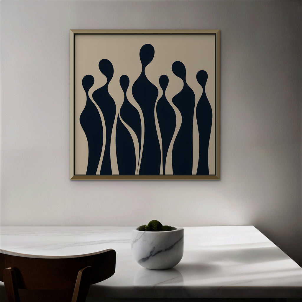 Navy Silhouettes Canvas Art - Square – Gold Floating Frame in room setting