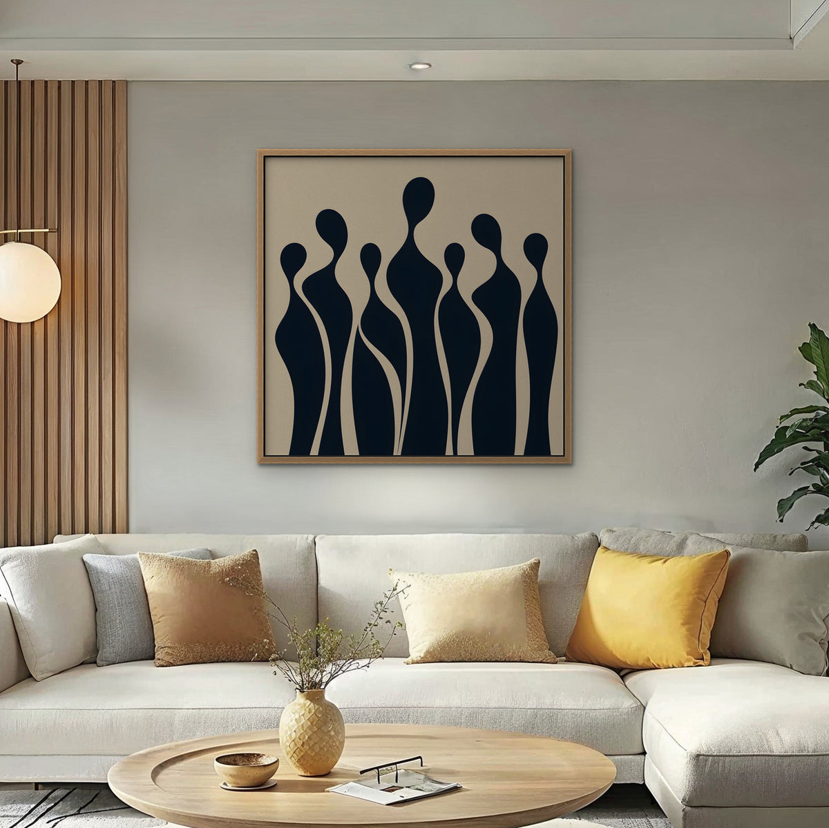 Navy Silhouettes Canvas Art - Square – Oak Floating Frame in room setting