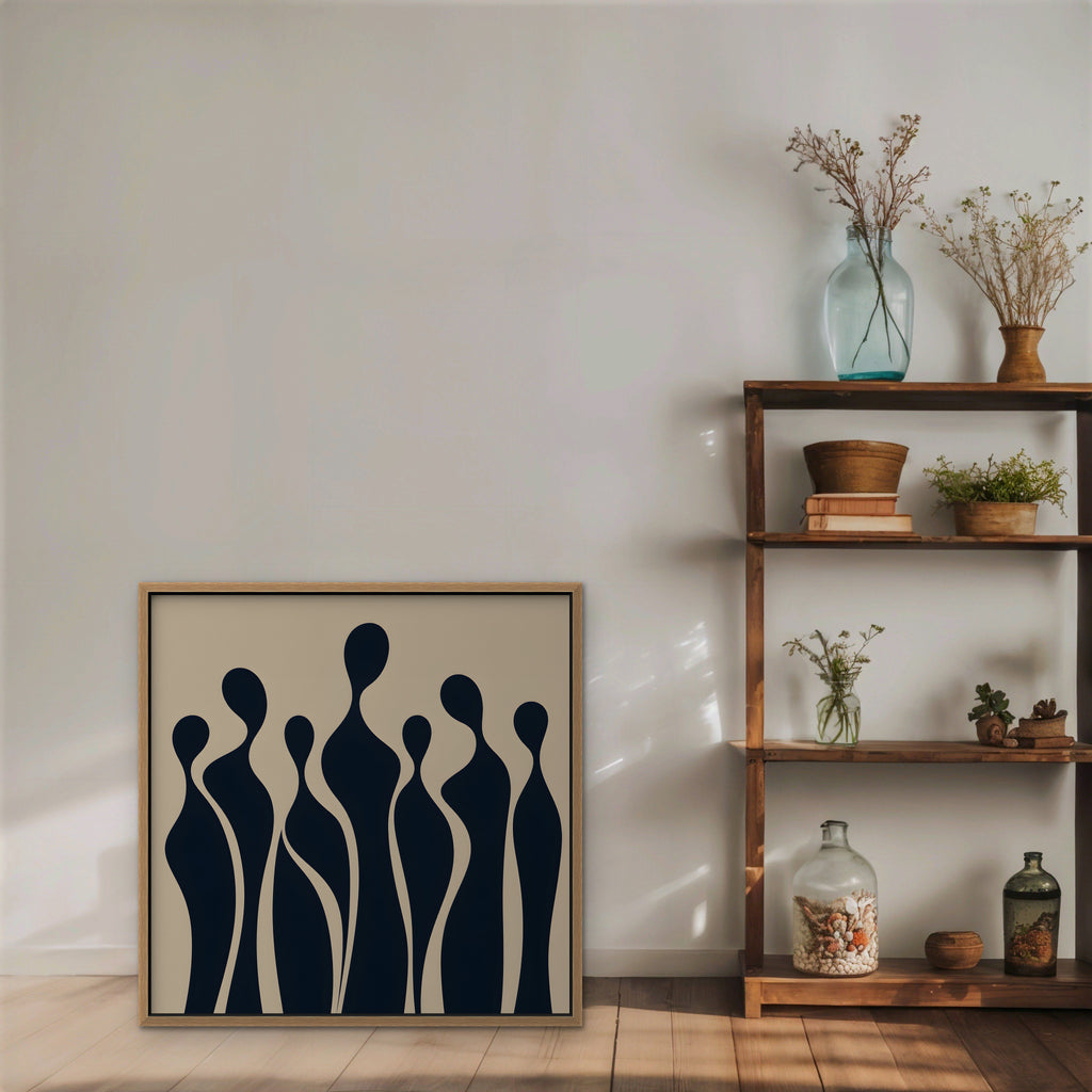 Navy Silhouettes Canvas Art - Square – Oak Floating Frame in room setting