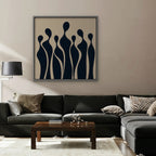 Navy Silhouettes Canvas Art - Square – Silver Floating Frame in room setting
