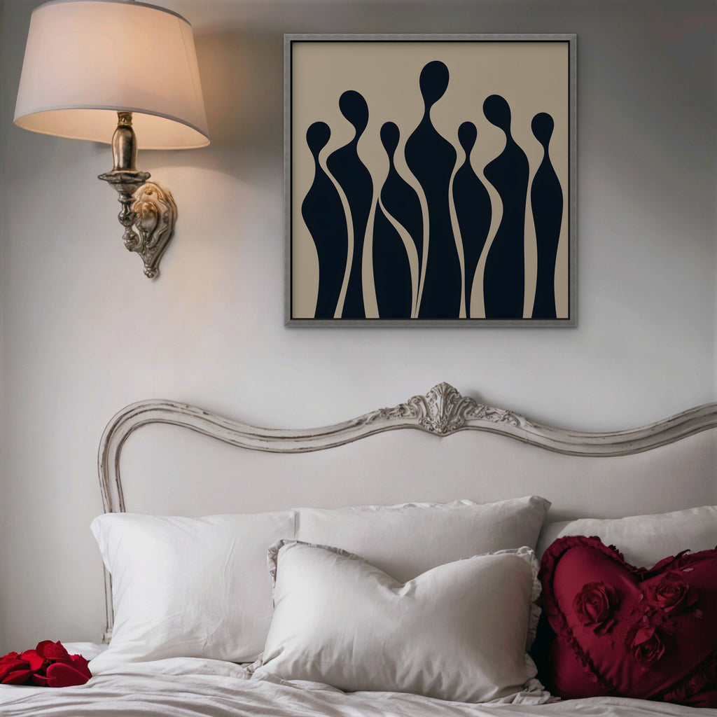 Navy Silhouettes Canvas Art - Square – Silver Floating Frame in room setting