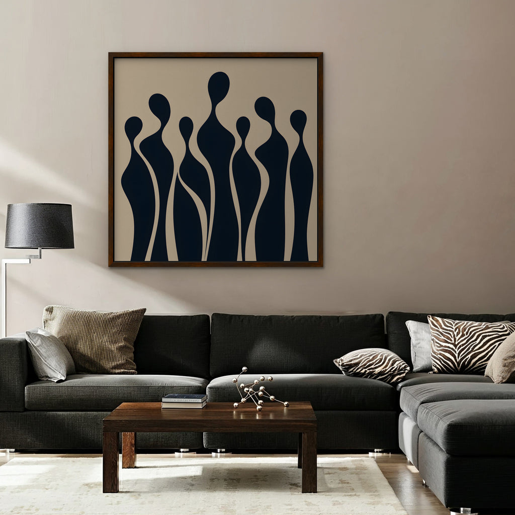 Navy Silhouettes Canvas Art - Square – Walnut Floating Frame in room setting