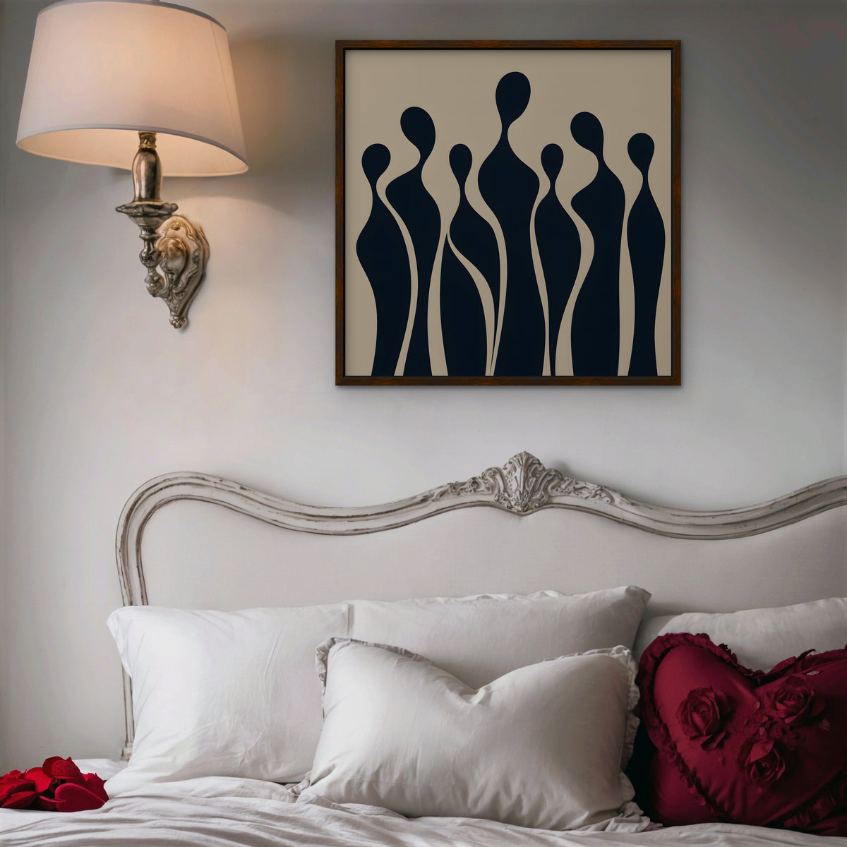 Navy Silhouettes Canvas Art - Square – Walnut Floating Frame in room setting