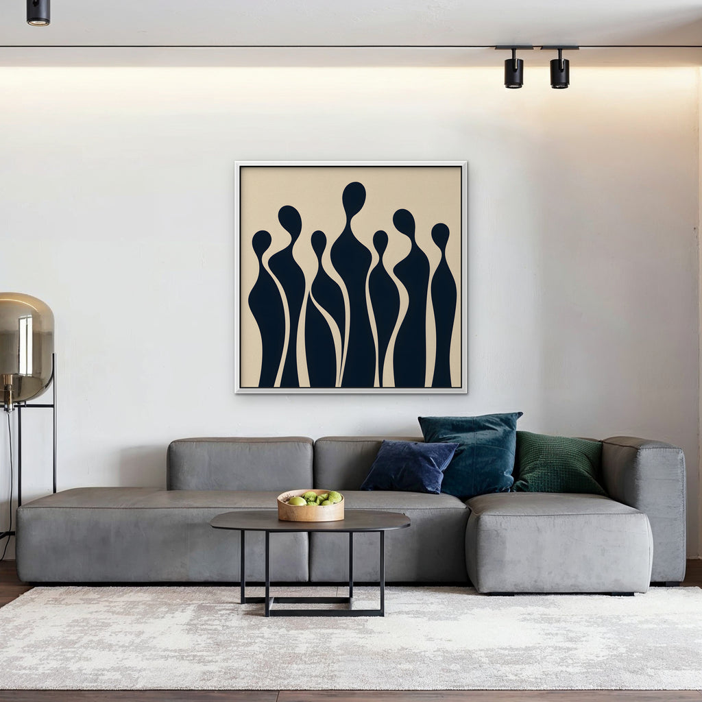 Navy Silhouettes Canvas Art - Square – White Floating Frame in room setting