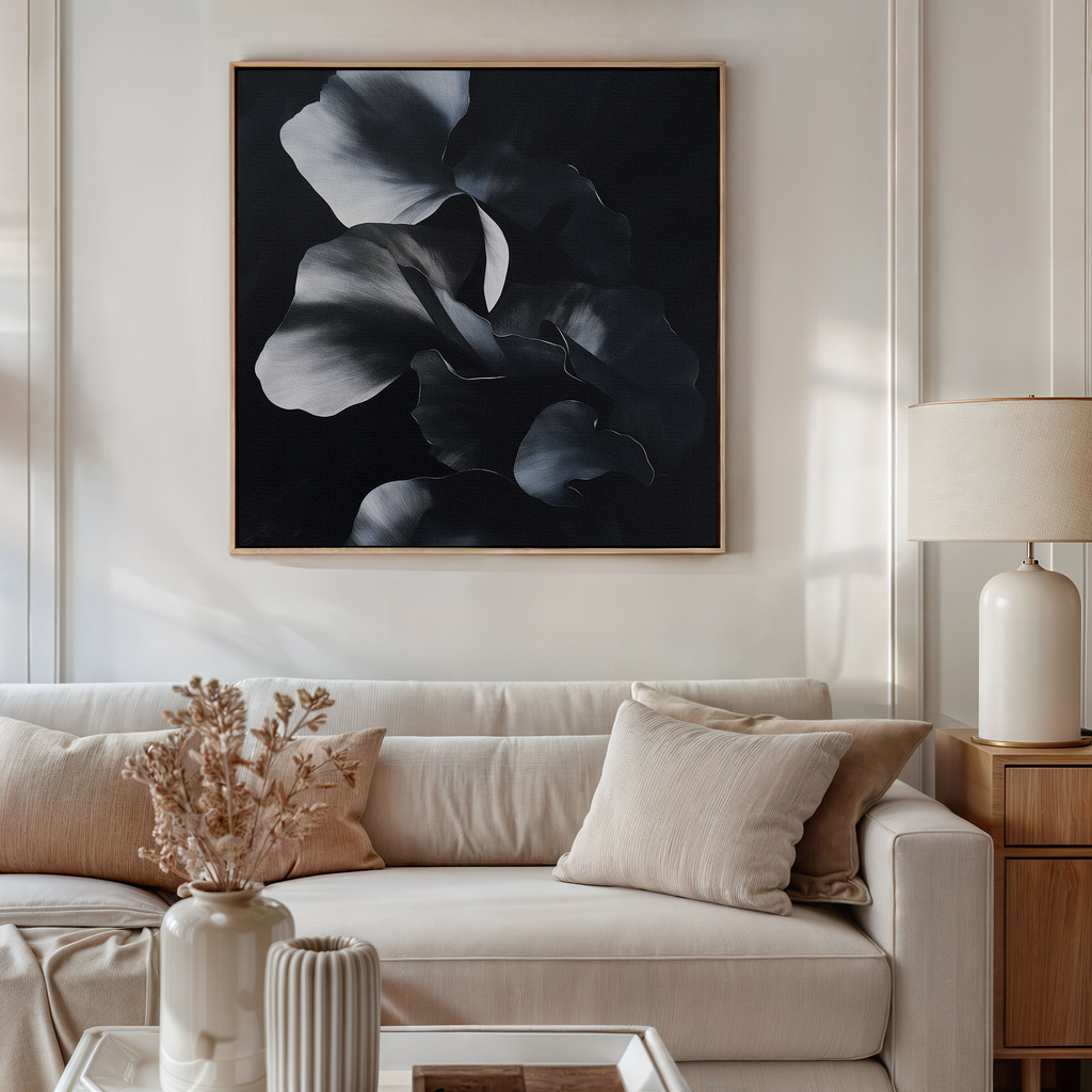 Midnight Petals in Shadow – black and white botanical canvas wall art print by Aspire Prints