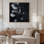 Midnight Petals in Shadow – black and white botanical canvas wall art print by Aspire Prints