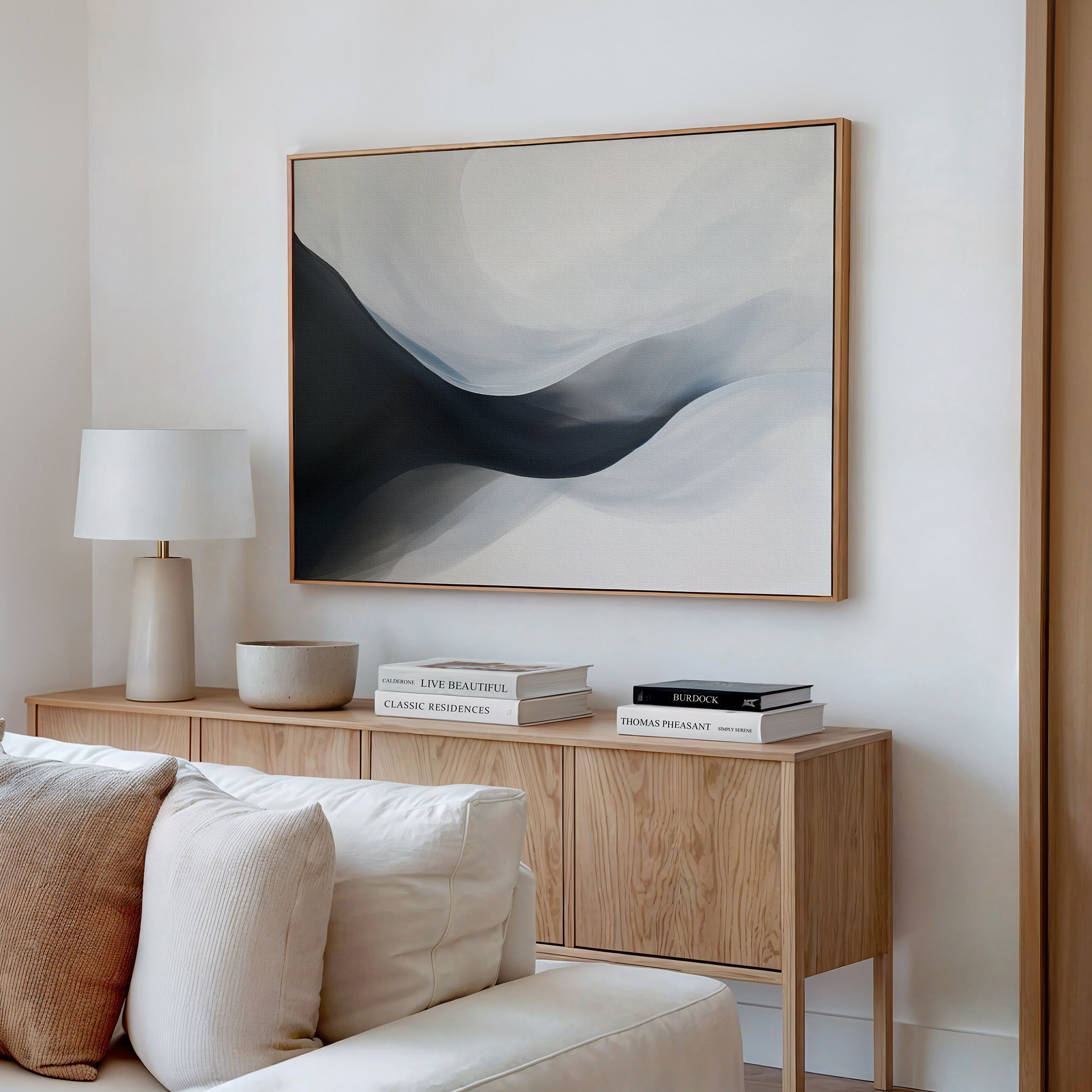 Whispering Tides – black and white abstract canvas wall art print by Aspire Prints