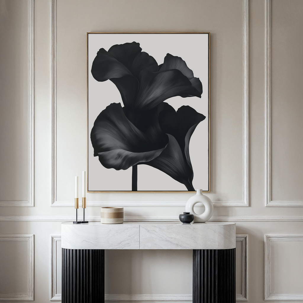 Midnight Petal Whisper – black botanical canvas wall art print by Aspire Prints