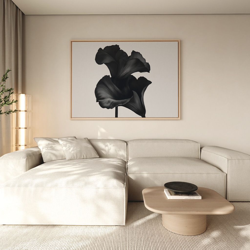 Whispers in Black Bloom – black and white botanical canvas wall art print by Aspire Prints