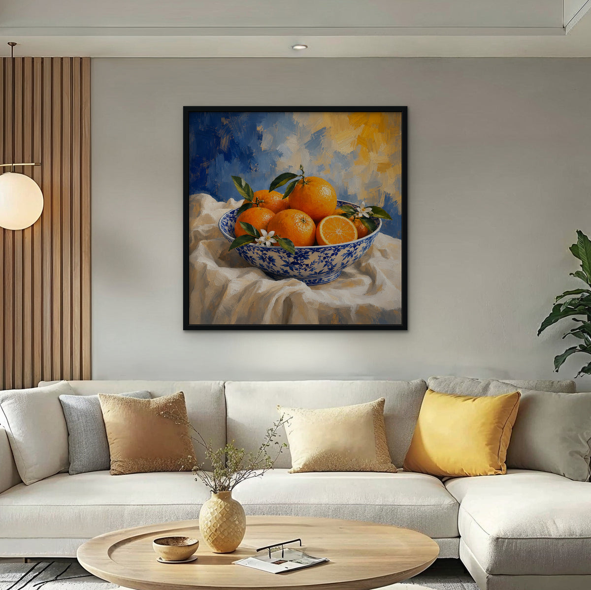 Oranges in Blue Porcelain Canvas Art – square orange and cobalt still life print in a black floating frame in a bright living room