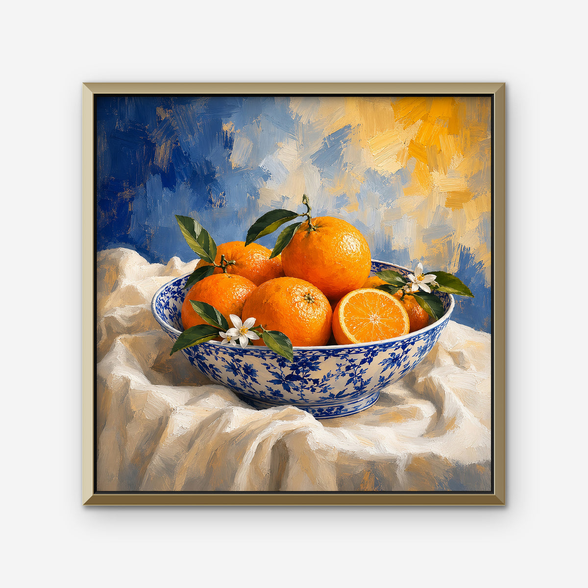 Oranges in Blue Porcelain Canvas Art – square orange and cobalt still life print in a gold floating frame on a white background