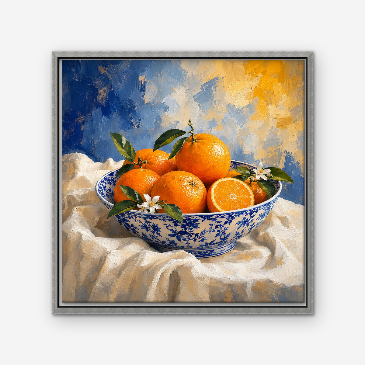 Oranges in Blue Porcelain Canvas Art - Square – Silver Floating Frame on white background