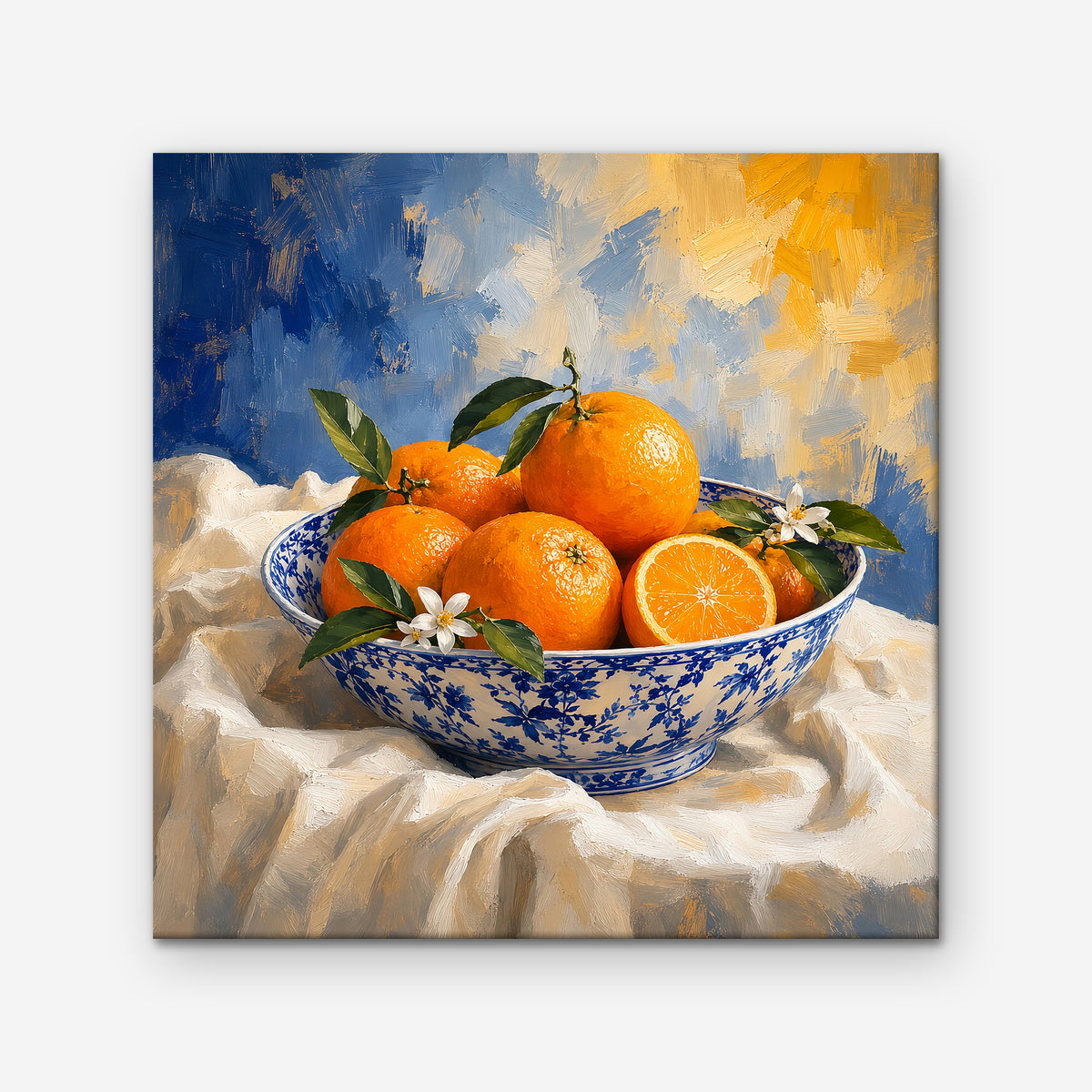 Oranges in Blue Porcelain Canvas Art – square orange and cobalt still life print as a gallery-wrapped canvas on a white background