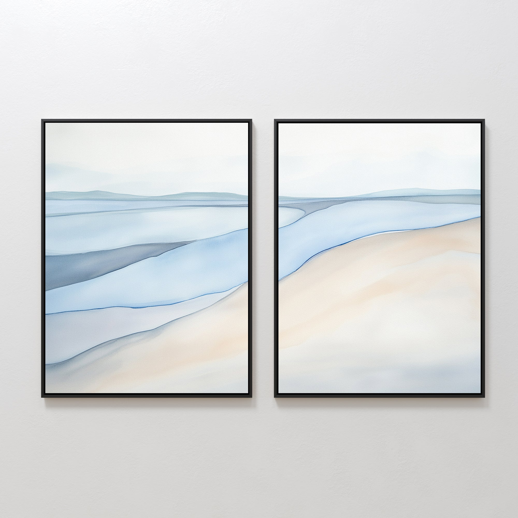 Whispering Tides Diptych – Set of 2 Canvas Prints set of 2 – blue landscape canvas wall art by Aspire Prints