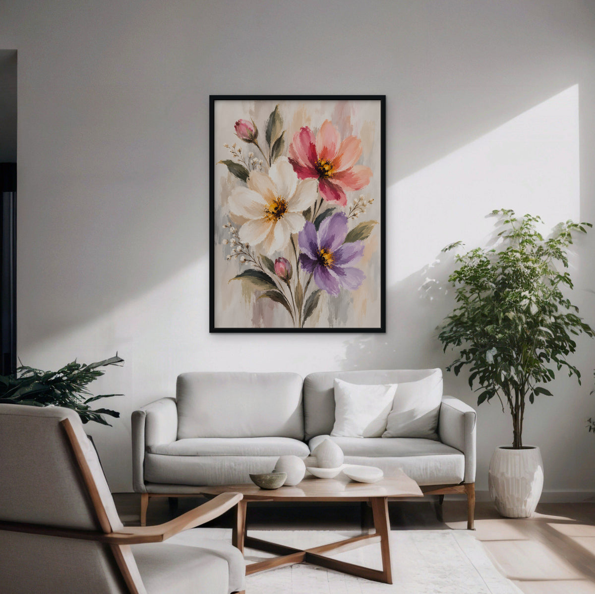 Pastel Bouquet Canvas Art - Vertical – Black Floating Frame in room setting