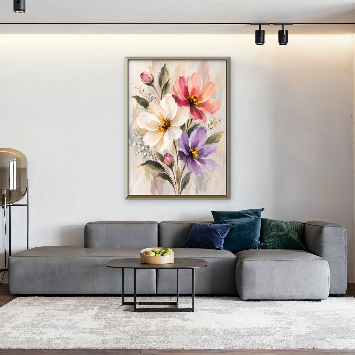 Pastel Bouquet Canvas Art - Vertical – Gold Floating Frame in room setting