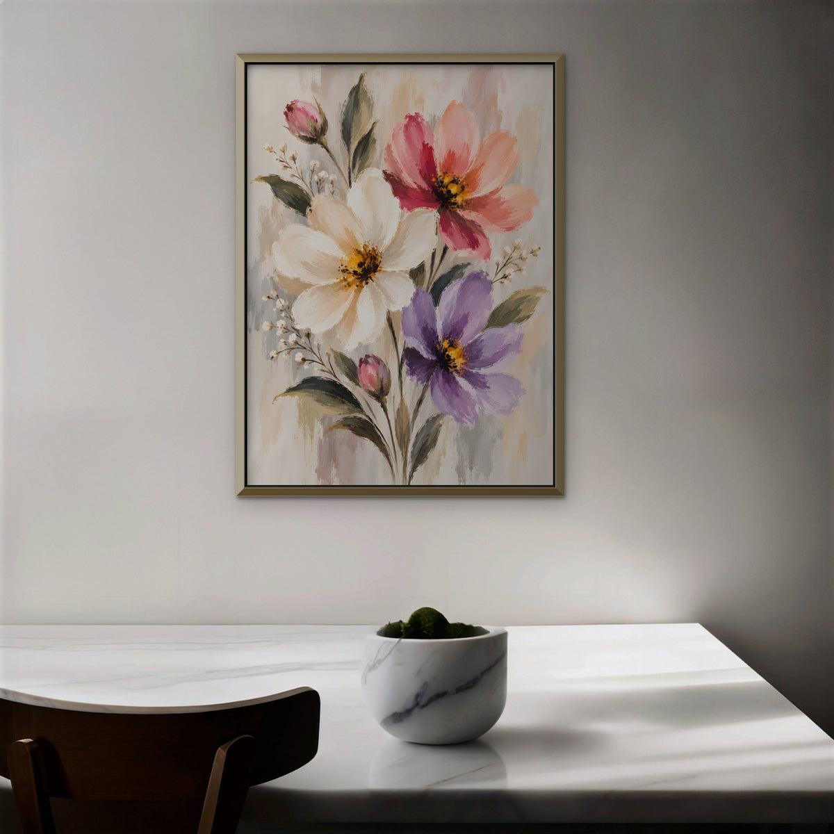 Pastel Bouquet Canvas Art - Vertical – Gold Floating Frame in room setting