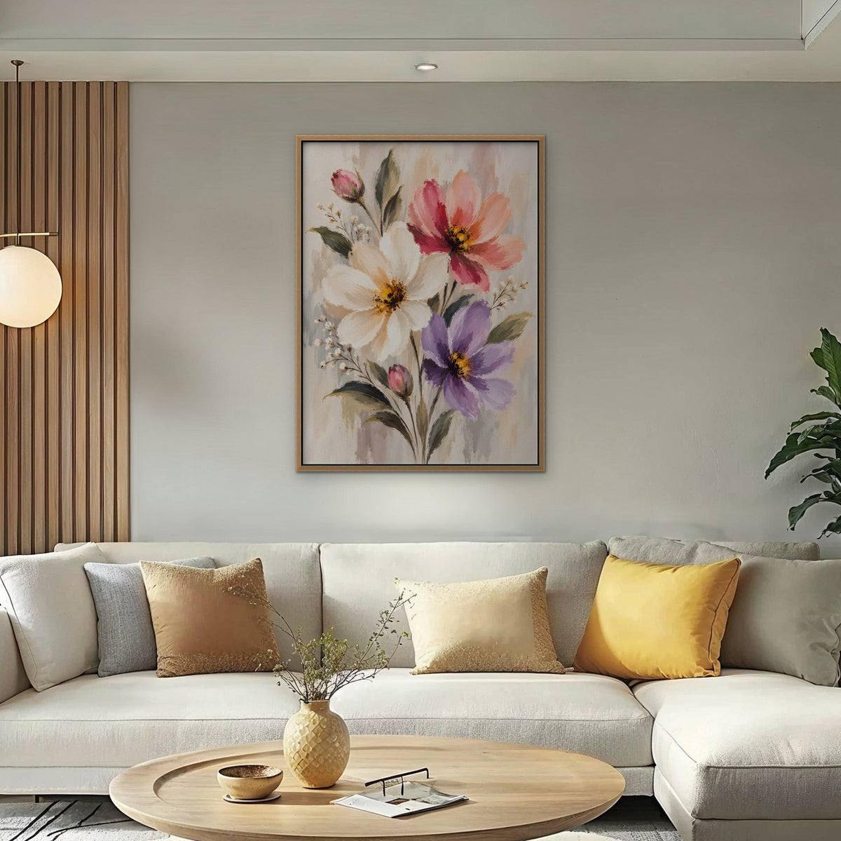 Pastel Bouquet Canvas Art - Vertical – Oak Floating Frame in room setting