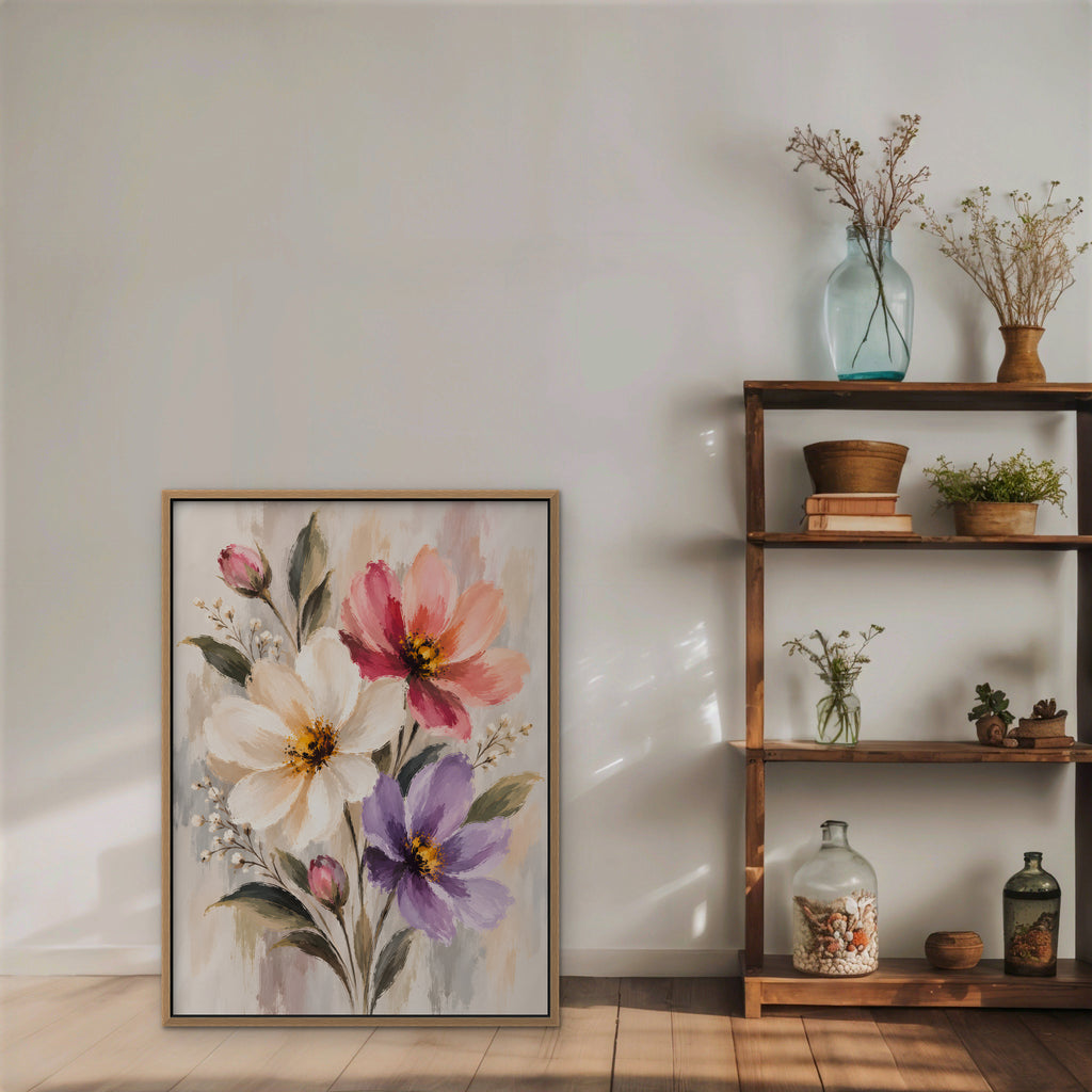 Pastel Bouquet Canvas Art - Vertical – Oak Floating Frame in room setting
