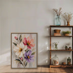 Pastel Bouquet Canvas Art - Vertical – Oak Floating Frame in room setting