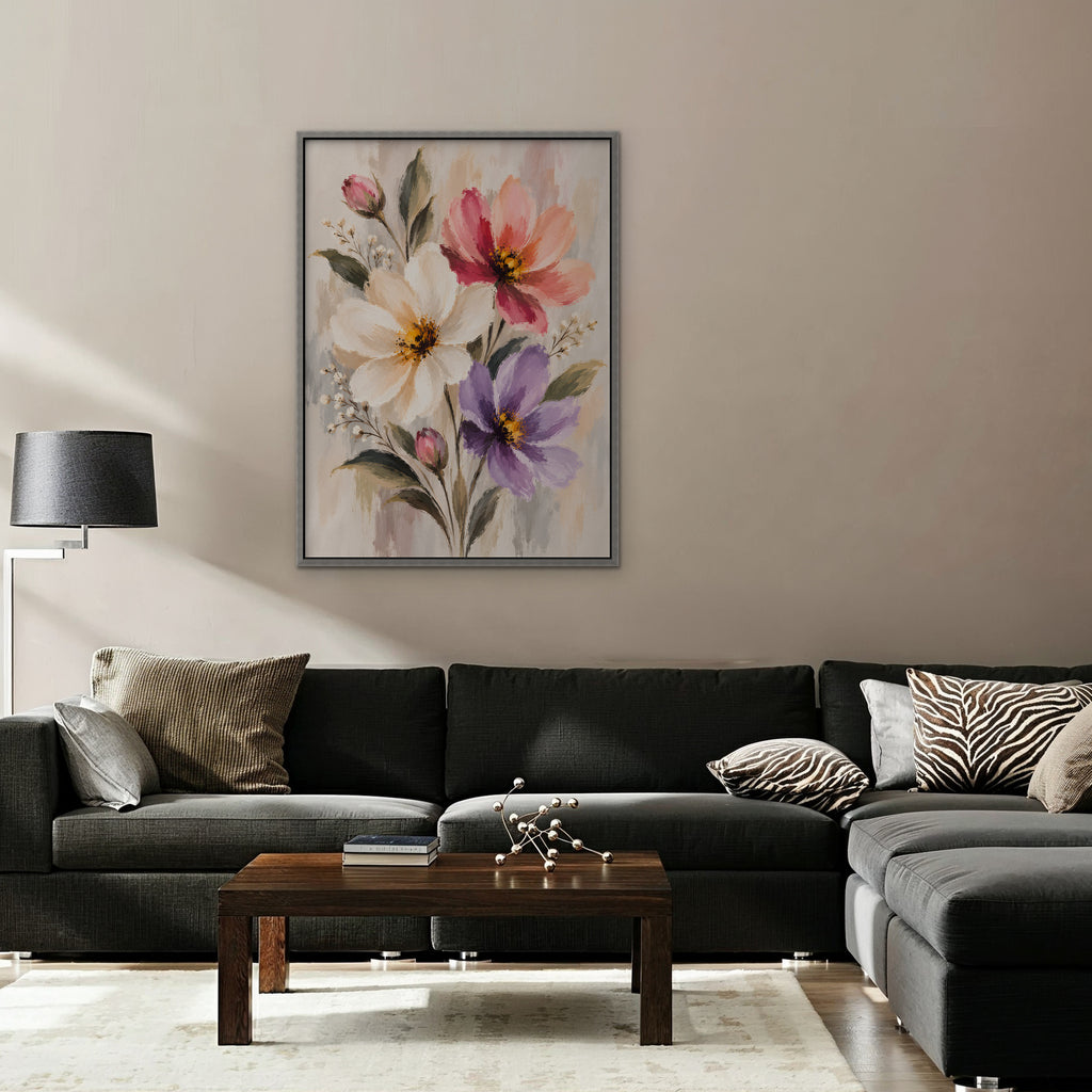 Pastel Bouquet Canvas Art - Vertical – Silver Floating Frame in room setting