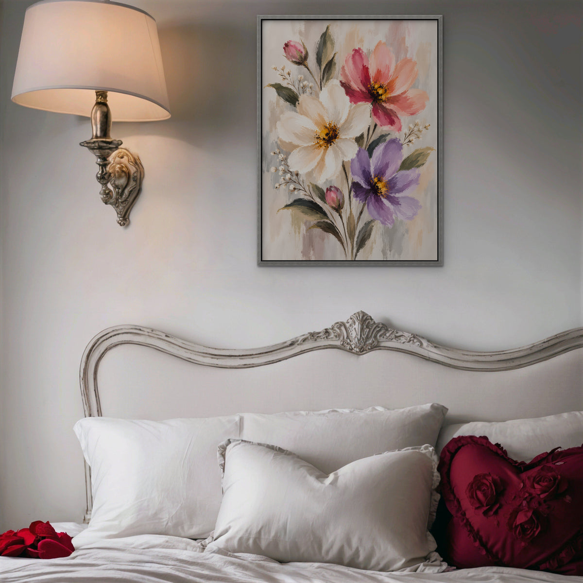 Pastel Bouquet Canvas Art - Vertical – Silver Floating Frame in room setting
