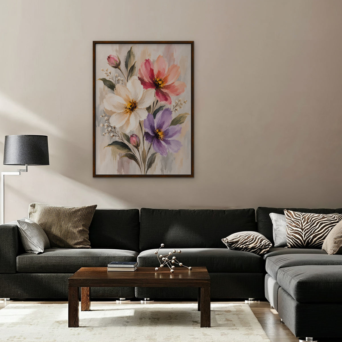 Pastel Bouquet Canvas Art - Vertical – Walnut Floating Frame in room setting