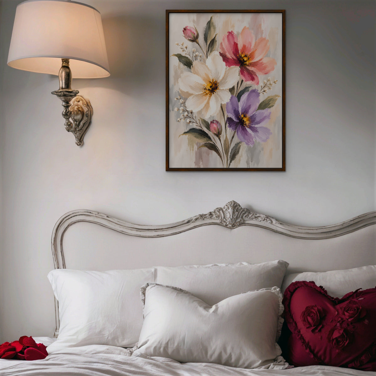 Pastel Bouquet Canvas Art - Vertical – Walnut Floating Frame in room setting