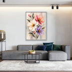 Pastel Bouquet Canvas Art - Vertical – White Floating Frame in room setting