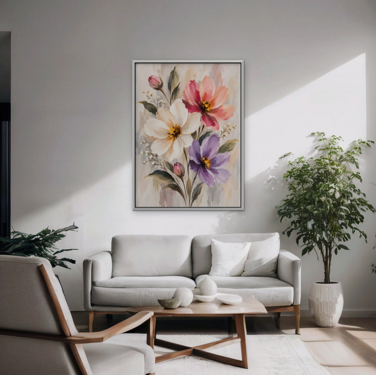 Pastel Bouquet Canvas Art - Vertical – White Floating Frame in room setting